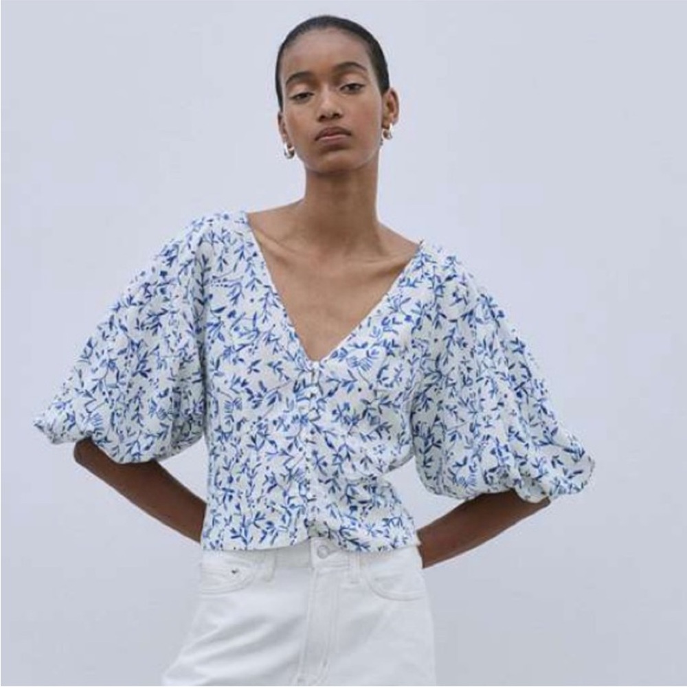 H&M Blue and White Floral Blouse